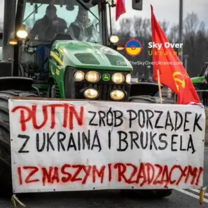 A poster in support of Russia was spotted at a rally of Polish farmers